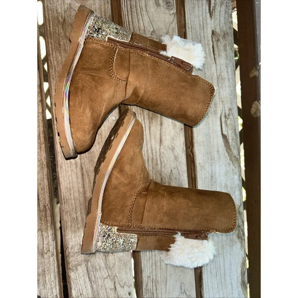 Megellan Toddler Brown Faux Suede and Fur Boots Sparkle Size 8